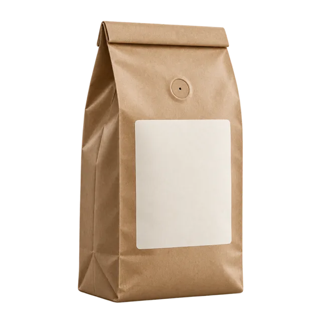 A folded brown coffee bag with a round valve and a blank cream label