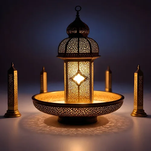 Single glowing lantern standing in a shallow golden bowl between candles