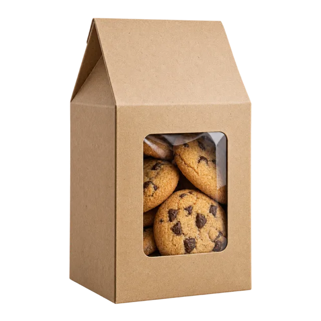 A tall brown folded carton with a small window showing chocolate chip cookies