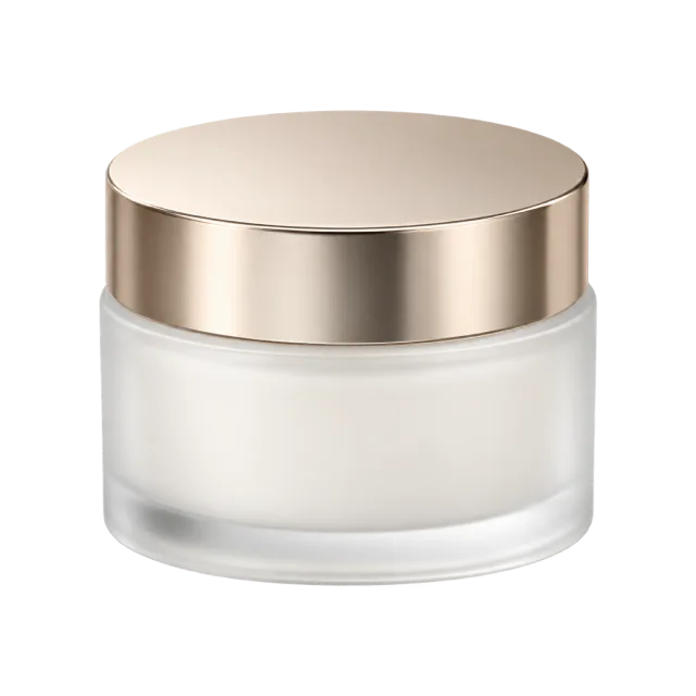 A round frosted jar of white cream with a broad gold-colored lid