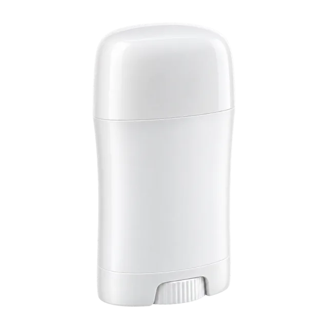 A white deodorant stick container with a rounded cap and twist dial at the base
