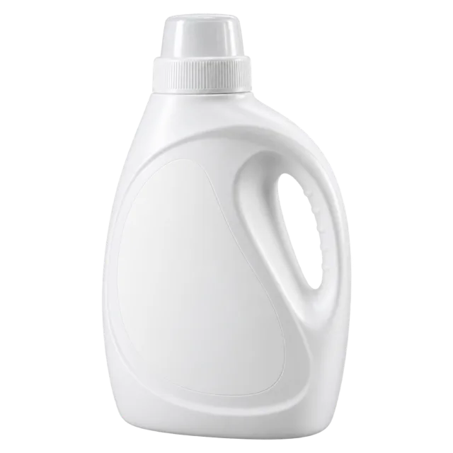 A white detergent container with a built-in side handle and capped pouring neck