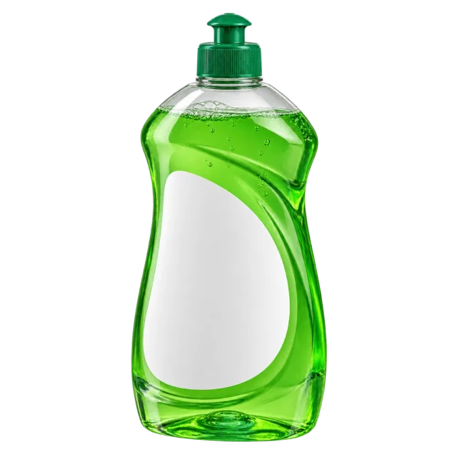 A clear bottle of bright green liquid with a green pump and blank white label