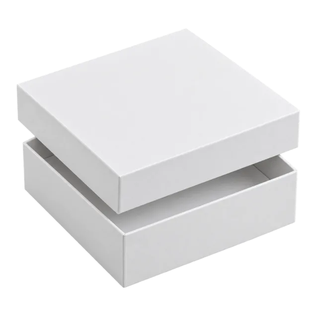 A plain white rectangular rigid box with its separate lid raised above the base