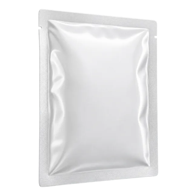 A sealed white rectangular foil-style sachet with a plain front