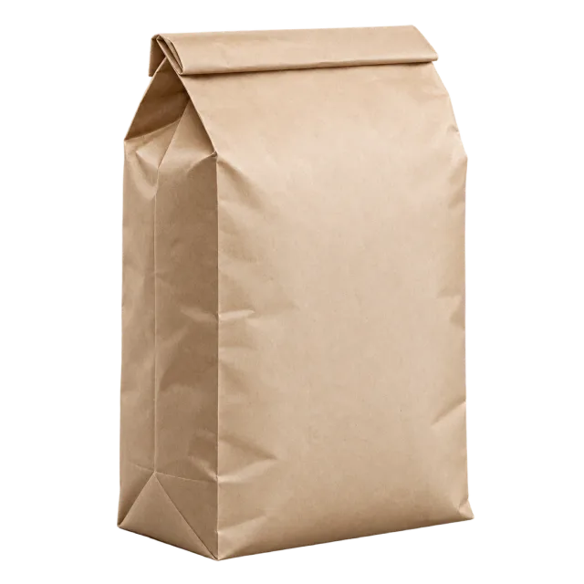 A tall unprinted kraft paper bag with a folded sealed top