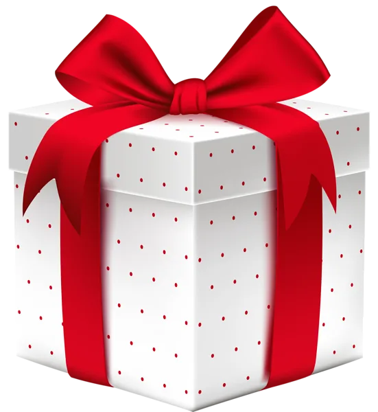 White dotted gift box topped with an oversized red fabric bow on a transparent background