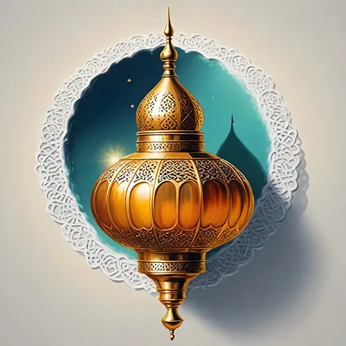 Ornate golden lantern suspended inside a teal arched niche