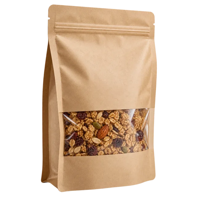A resealable brown pouch with a clear lower window showing granola