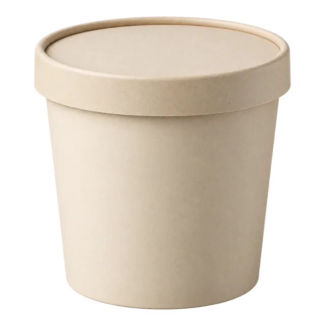 A cream-colored cylindrical paper tub with a matching fitted lid
