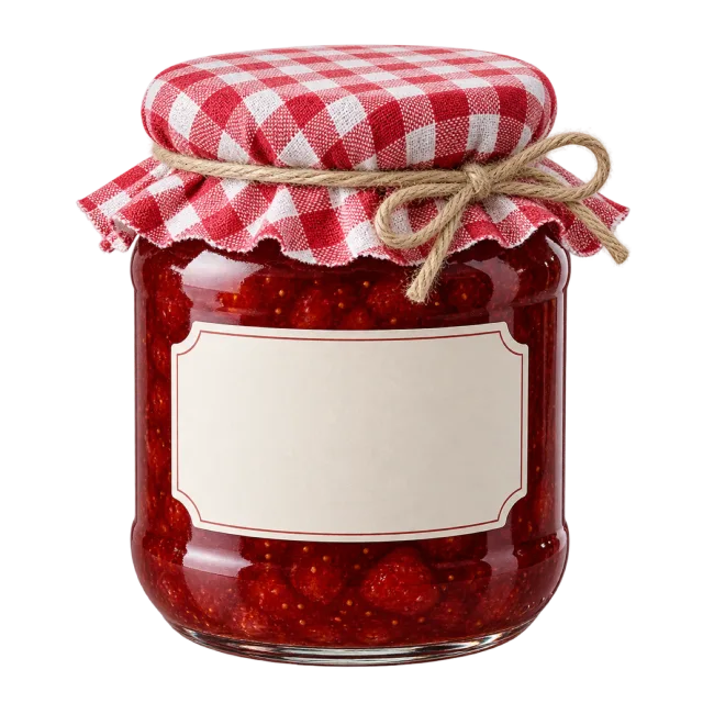 A glass jar of red jam with a blank label and red gingham cover tied with twine