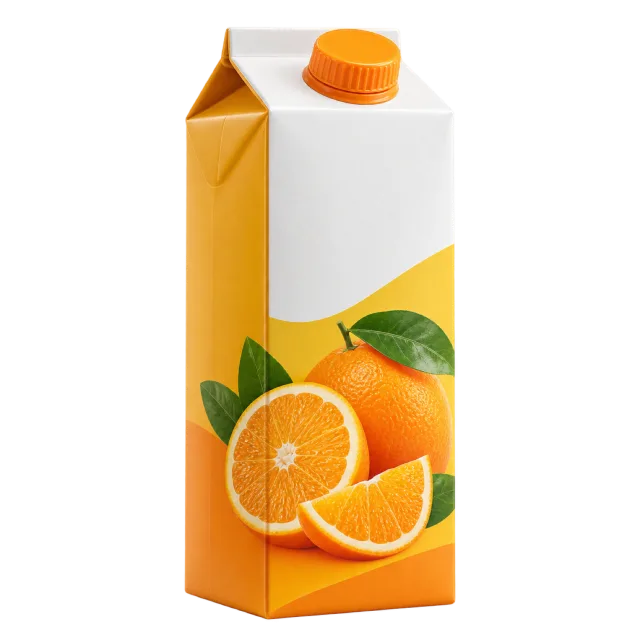 A white and orange carton with an orange cap and fruit illustrations