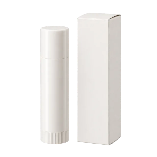 A plain white lip balm tube beside a narrow white packaging box