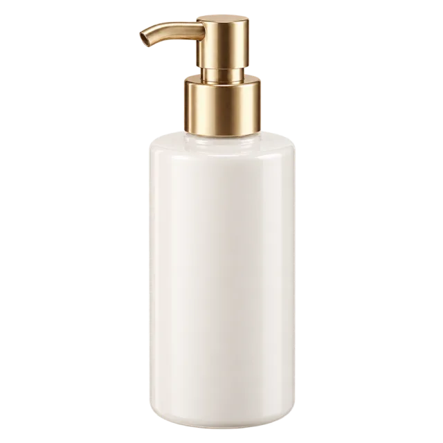 A cylindrical white lotion bottle with a gold-colored pump dispenser