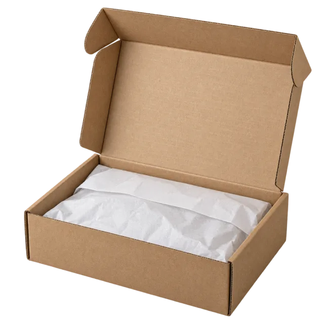 An open brown shipping box lined with white tissue paper