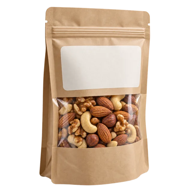 A resealable kraft pouch with a blank white label and clear window showing mixed nuts