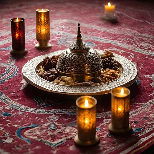 Decorative brass vessels and glowing candle holders arranged on a patterned red rug