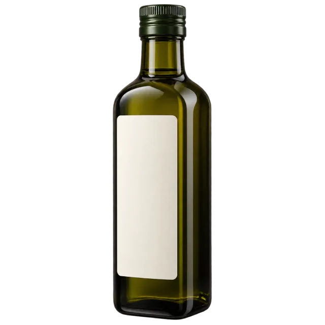 A tall dark green glass bottle with a black cap and plain cream label