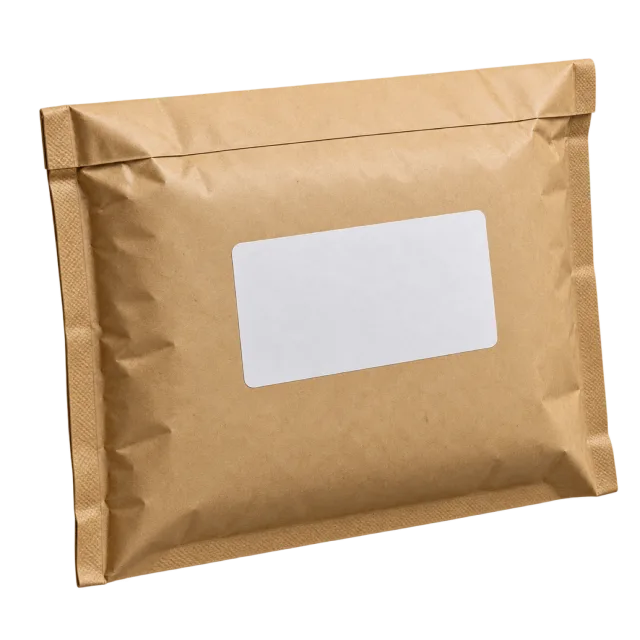 A brown padded envelope with a sealed flap and rectangular blank white label