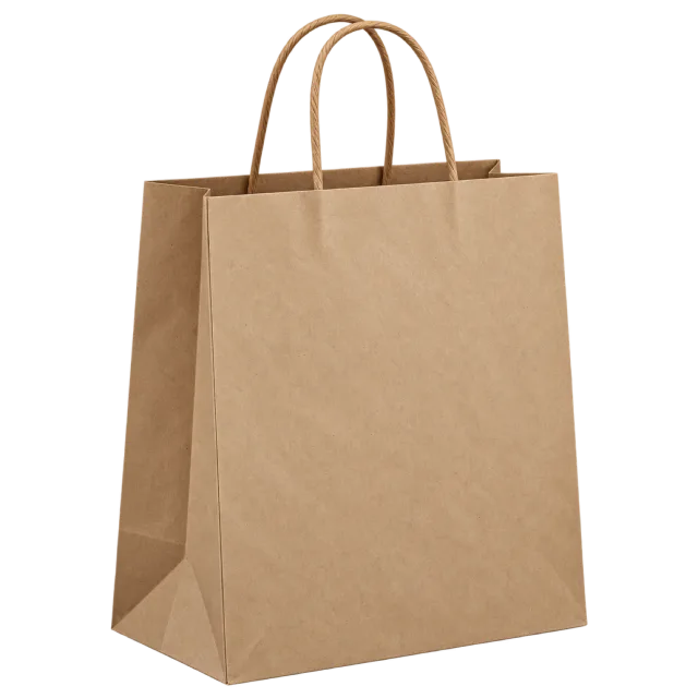 A brown paper shopping bag with two twisted paper handles