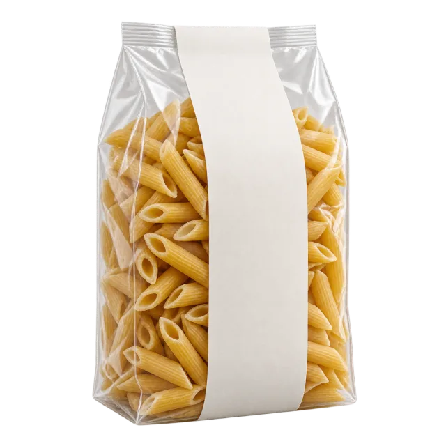 A transparent bag filled with tube-shaped pasta and wrapped with a blank white band