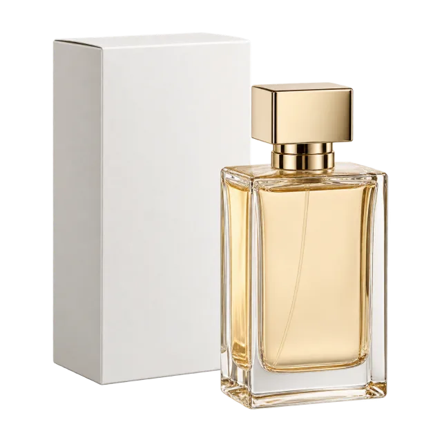 A clear rectangular perfume bottle containing pale gold liquid beside a white carton