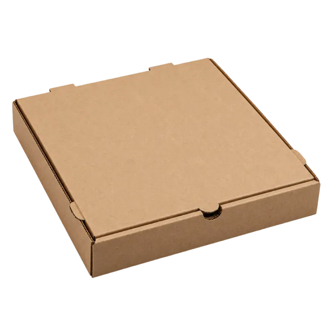 A flat brown cardboard pizza box with a fitted lid and front opening tab