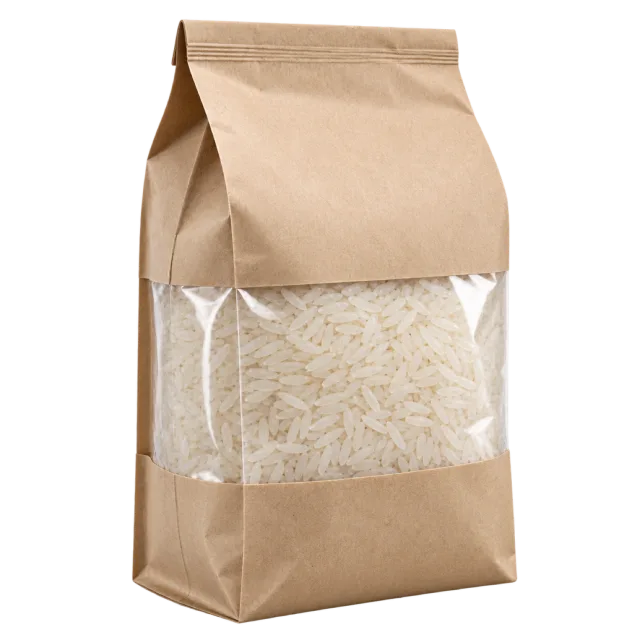 A brown paper bag with a clear panel showing white rice grains