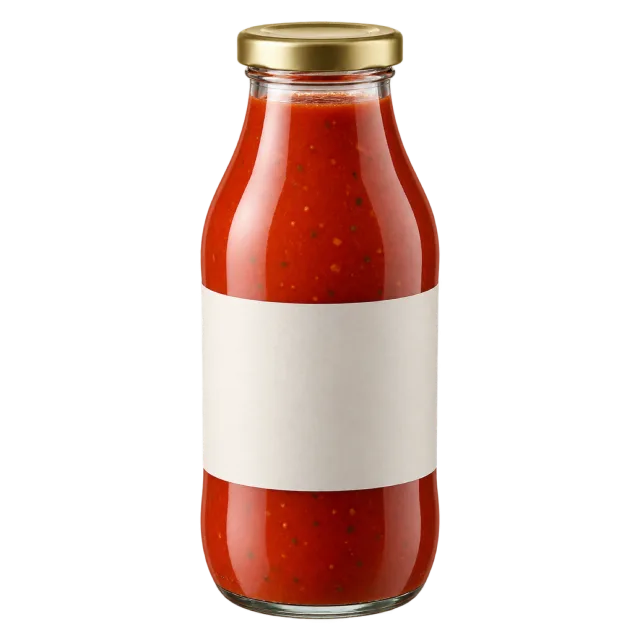 A clear glass bottle of red sauce with a gold cap and wide blank label