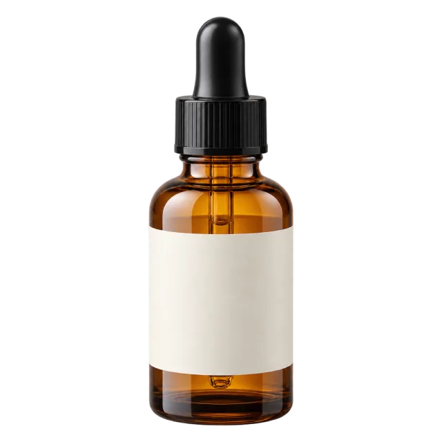 A small amber glass bottle with a black dropper cap and blank cream label