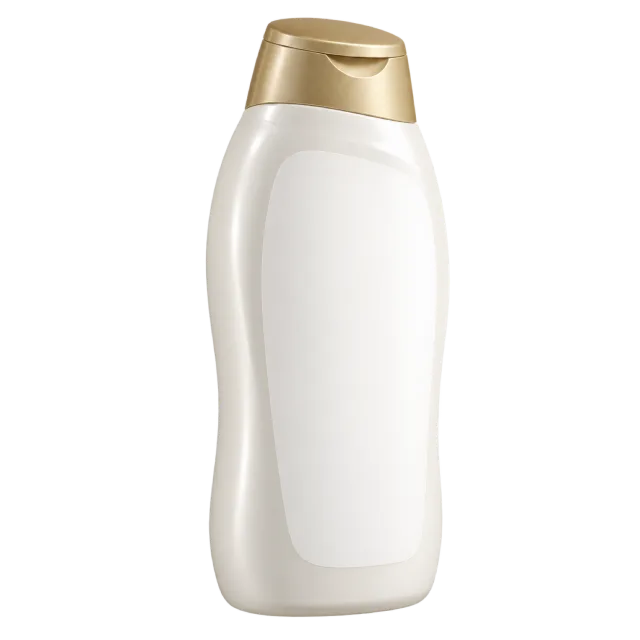 A curved white shampoo bottle with a gold-colored flip-top cap