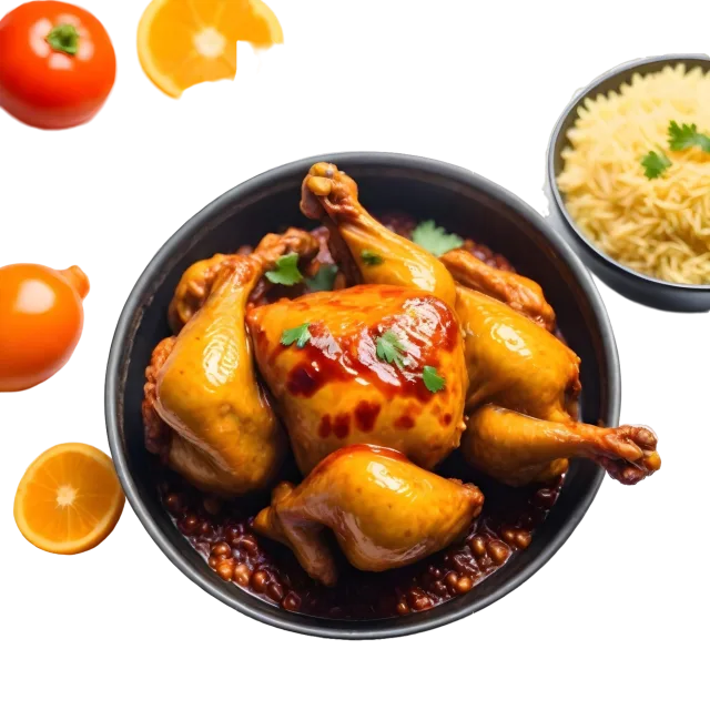 Golden roast chicken in a dark bowl with rice, vegetables and side dishes on a transparent background