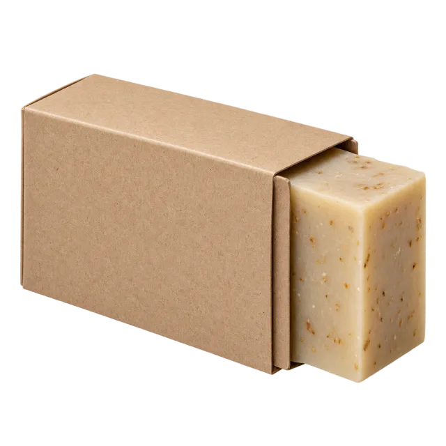 A speckled cream soap bar partly exposed from a plain kraft cardboard sleeve