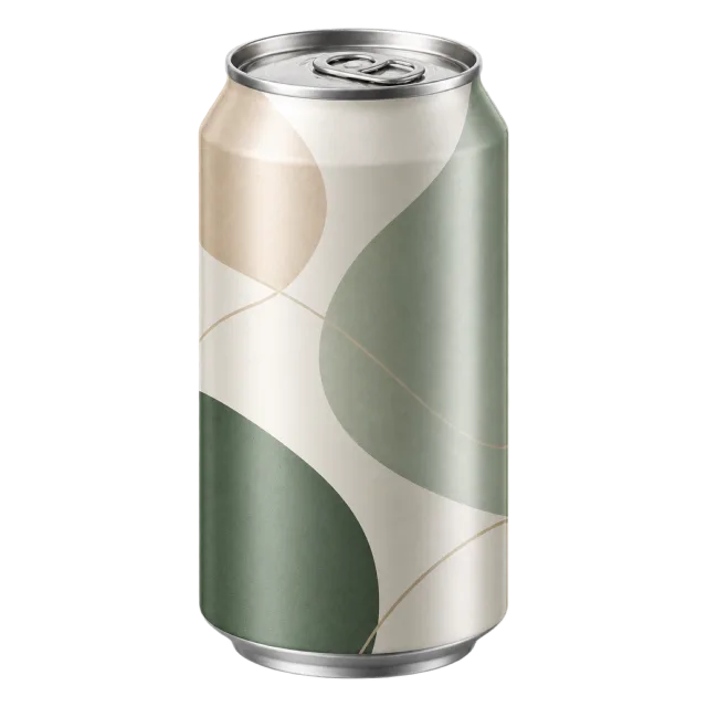 An aluminum drink can with a silver pull tab and curved green and cream graphics