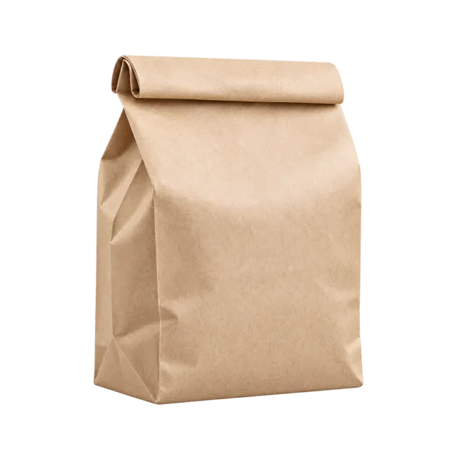 A plain brown paper bag with a rolled folded top