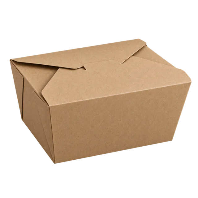 A brown rectangular food carton with interlocking folded top flaps