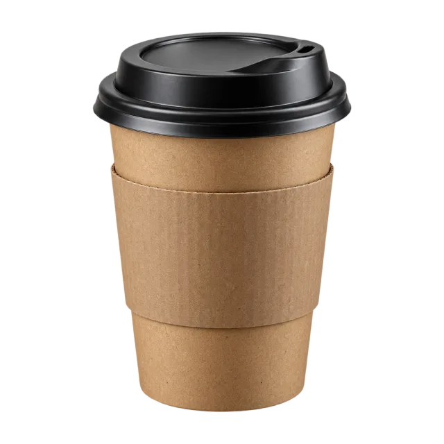 A brown paper drink cup with a cardboard sleeve and black sipping lid
