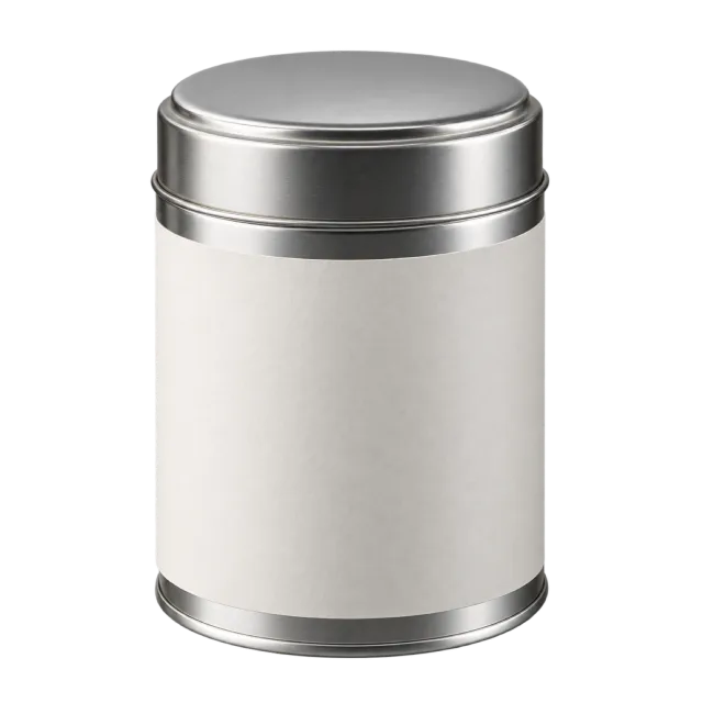 A cylindrical metal tin with a silver lid and a wide plain cream label