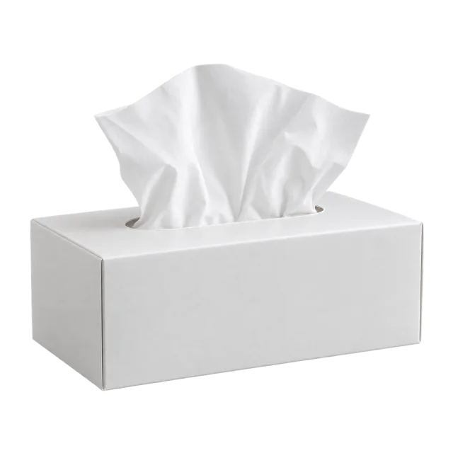 A plain white rectangular box with white tissues emerging from its top slot