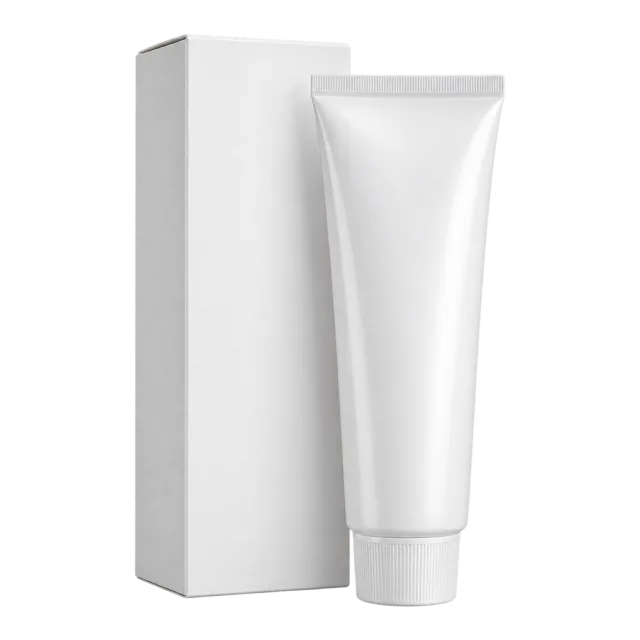 A plain white squeeze tube standing beside a tall white carton