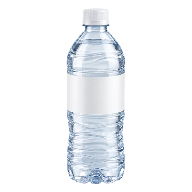 A clear ridged plastic bottle with a white cap and blank white wraparound label