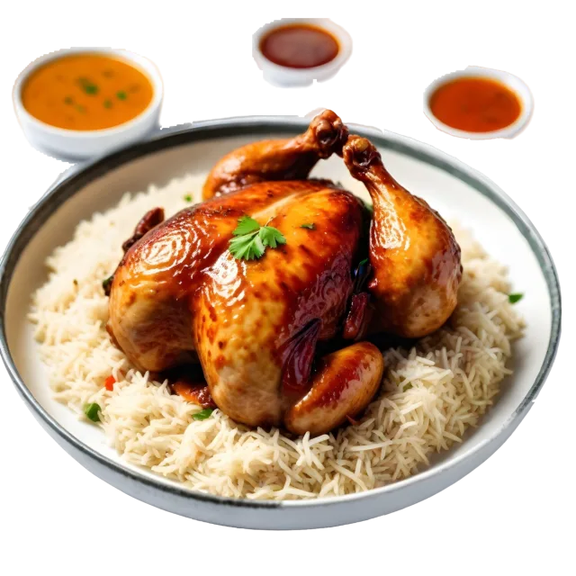 Whole roast chicken served over rice on a white platter with small sauce dishes on a transparent background