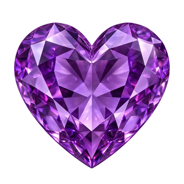 Purple heart-shaped gem with angular facets and bright violet reflections