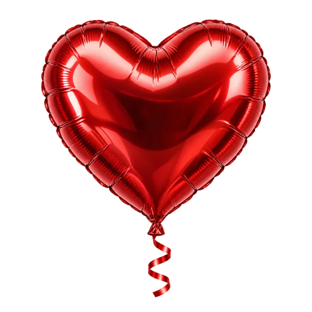 Shiny red heart-shaped foil balloon with a short curled ribbon