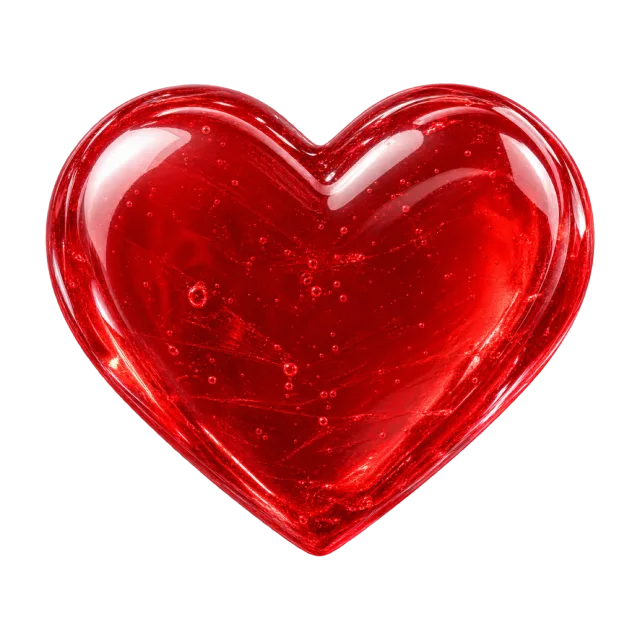 Translucent red candy heart with a thick glossy rim and tiny bubbles