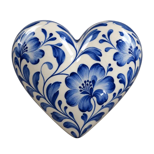White ceramic-style heart covered in blue flowers and curling leaves