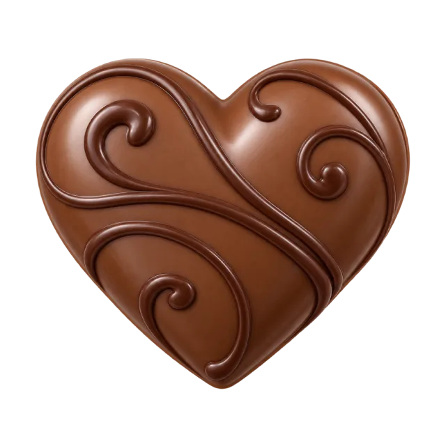 Brown chocolate heart decorated with raised curling swirls