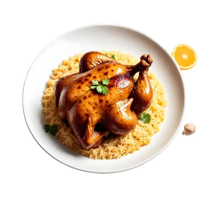 Roasted chicken on a white plate of rice with small colorful garnishes on a transparent background