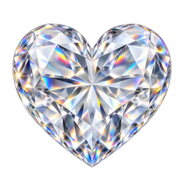 Clear faceted heart with rainbow reflections across its crystal-style surface