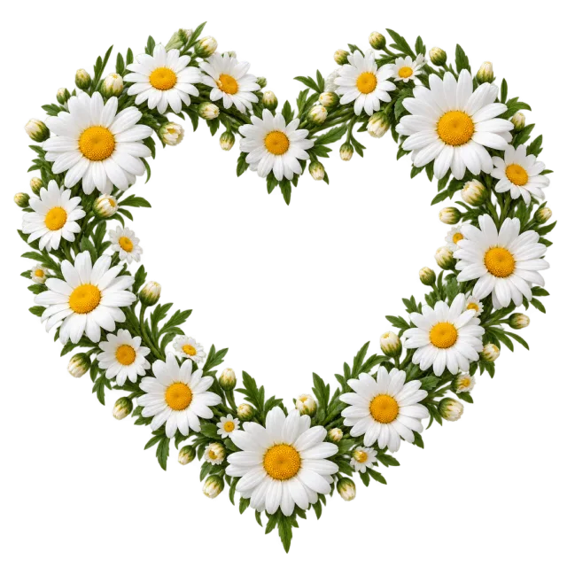 Open heart wreath made from white daisies with yellow centers and green leaves